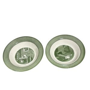 2~Vintage 1950s Green Colonial Homestead by Royal Ironstone China Serving Bowls